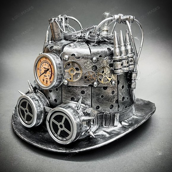 Steampunk Mad Scientist Time Traveler Top Hat - Antique Silver - Picture 1 of 5
